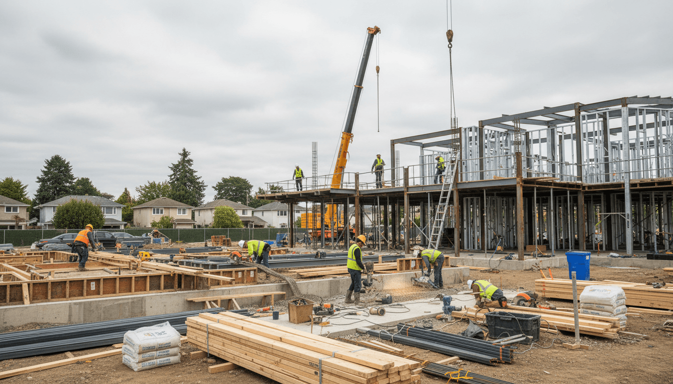 Active residential construction site with multiple workers, safety equipment, scaffolding, and framing structure during daytime project work