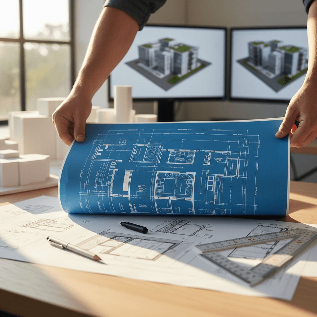 Architect's hands holding blueprint floor plan on drafting table with precision tools and sketches in natural light