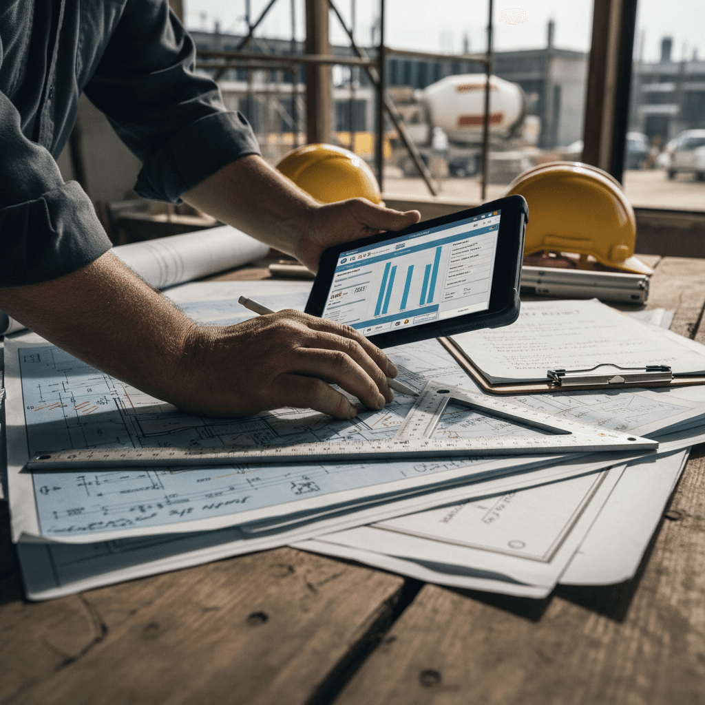 Plans de construction étalés sur une table avec des mains discutant des détails du projet