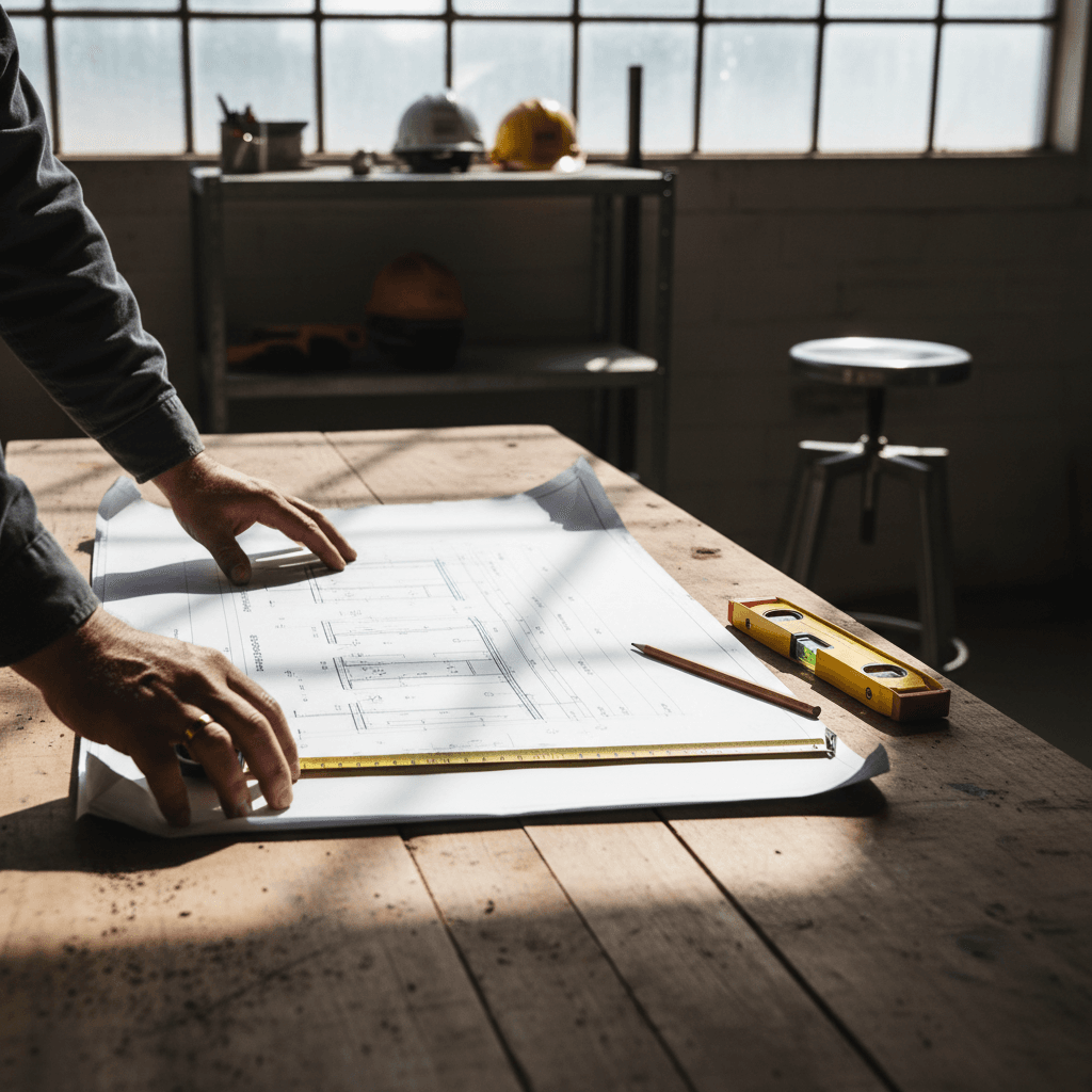 Contractor's hands reviewing architectural blueprints with measurement tools on sunlit jobsite table