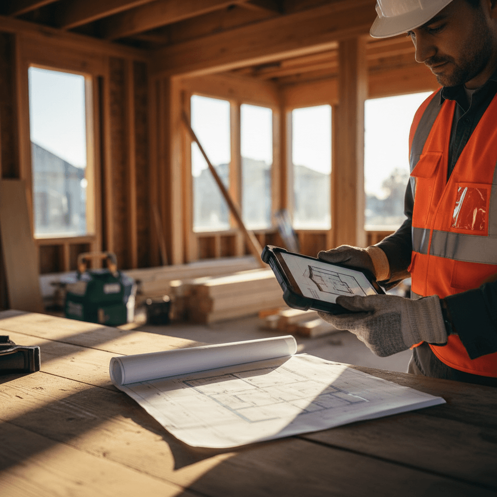 Équipe de construction révisant les plans et mesures sur un chantier professionnel