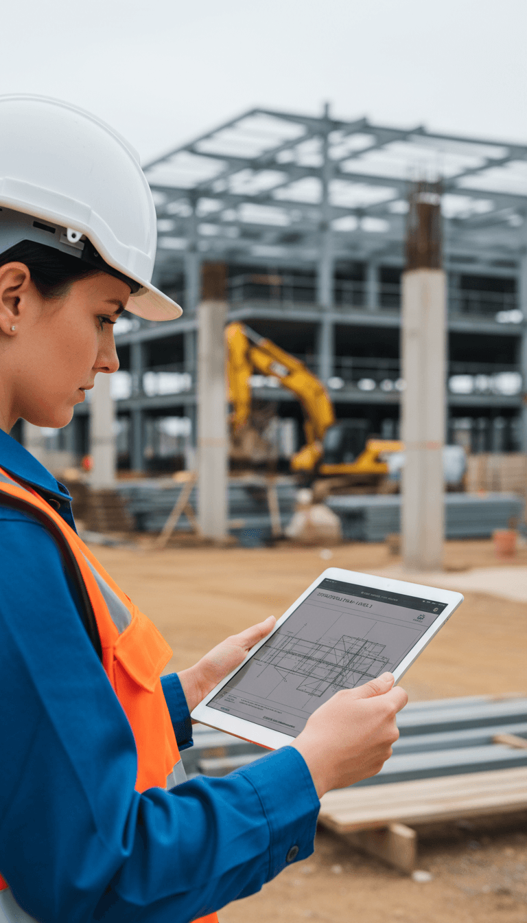 Engineer in hard hat reviewing construction blueprints on tablet at active building site