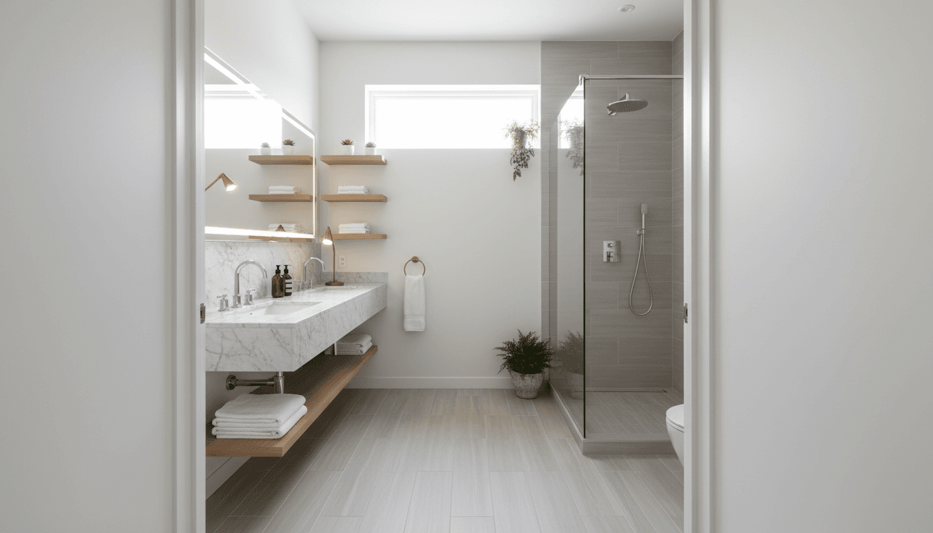 Rénovation de salle de bain avec carrelage et fixtures modernes